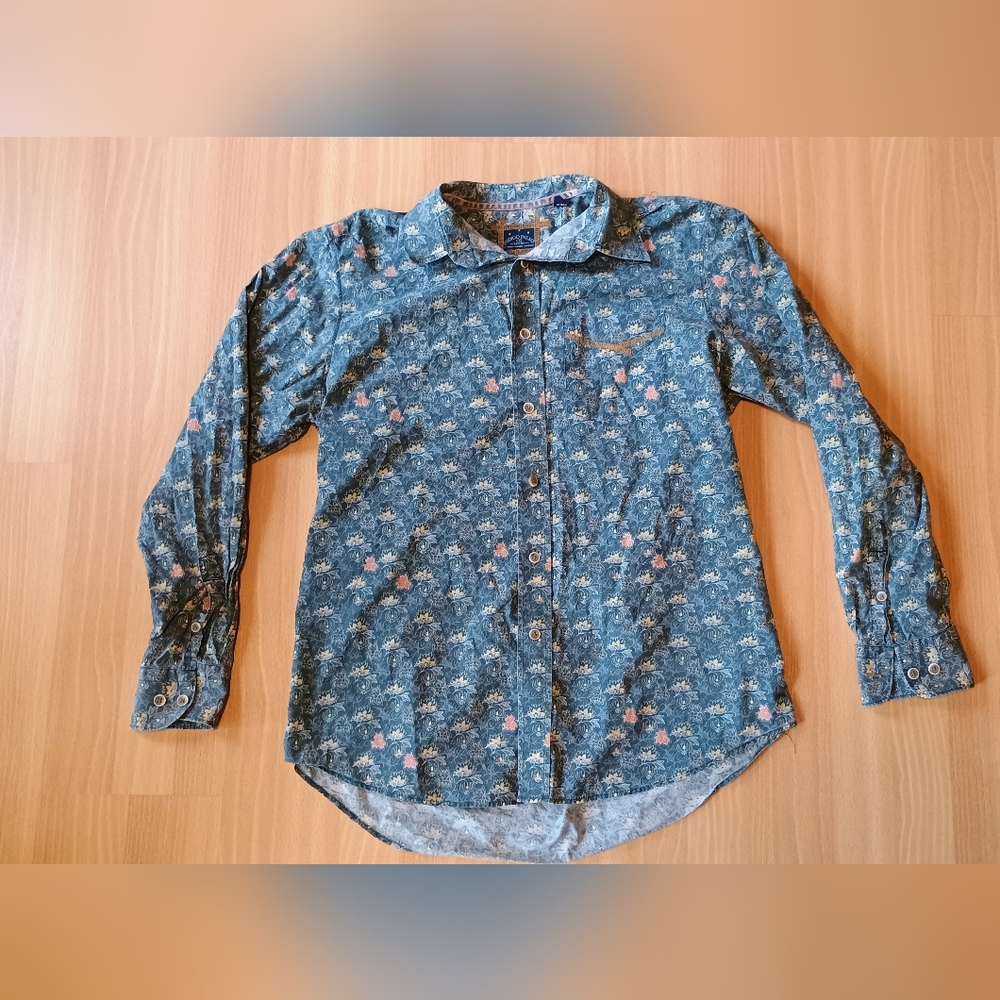 Indigo Palms Denim Tommy‎ Bahama Shirt Mens L Abstract Floral Print Button Up